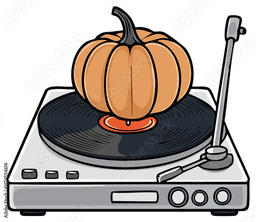 Quirky Halloween Pumpkin on a Retro Turntable Playing Vinyl Music Illustration