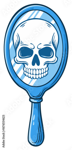 Cartoon skull reflected in a blue hand mirror with a striped background