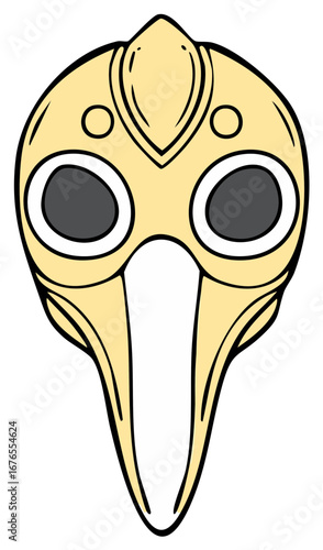 Stylized Bird-Like Mask with Ovoid Eyes and Extended Beak in Cream and Black