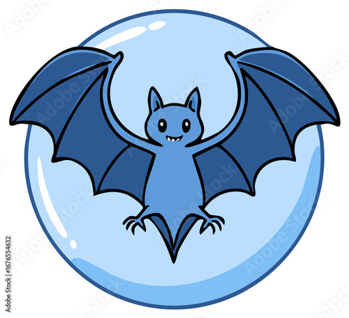 Cute cartoon bat flapping its wings on a pale blue bubble perfect for kids designs and Halloween decorations