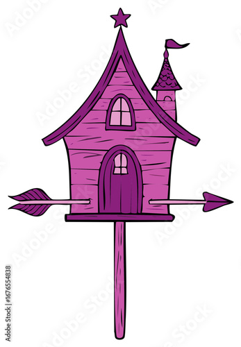 Whimsical purple birdhouse with arrows and star ornament
