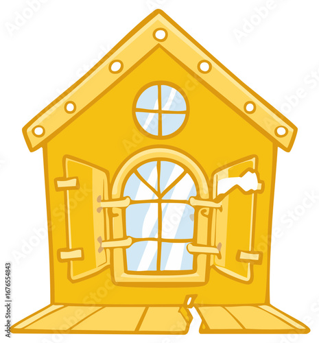 Whimsical Golden Cartoon House with Partially Open Shutters Circular Window and Cracked Base