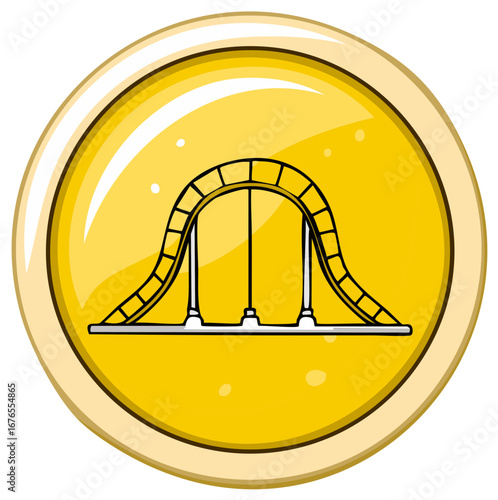 Cartoon roller coaster attraction inside a glossy yellow icon badge