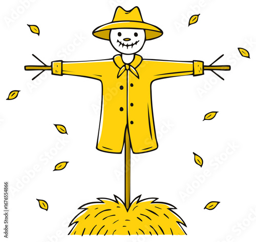 Cartoon Scarecrow Wearing a Yellow Jacket and Hat Surrounded by Falling Leaves