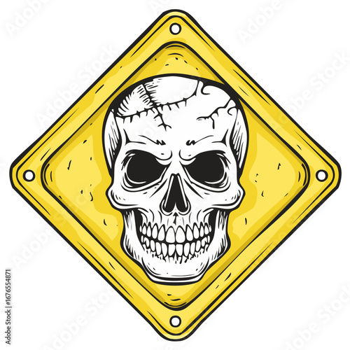 Skull warning sign danger symbol, illustration of a skull danger sign in yellow, black and white colors