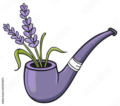 Vibrant cartoon illustration of a lavender purple smoking pipe adorned with aromatic lavender flowers