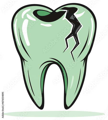 Cartoon damaged tooth with crack and cavity illustration dental healthcare concept