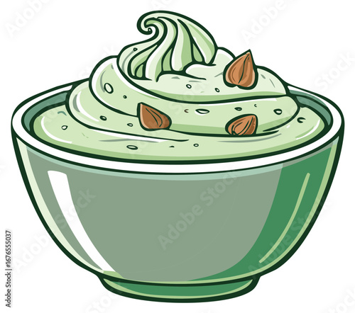 Delicious pistachio ice cream topped with almonds served in a bowl fresh
