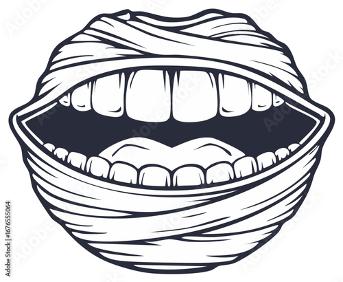 Mummy Mouth Illustration with Bandages around Open Mouth and Teeth, Grotesque Spooky Vector