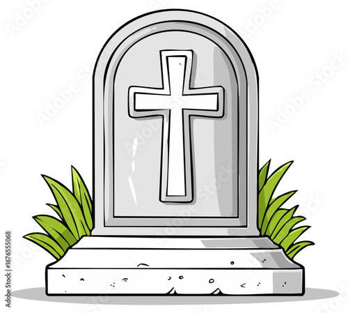 Cartoon illustration of a gravestone with a cross, and green grass
