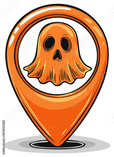 Halloween Haunted Location Pointer: Orange Ghost in a Map Pin for Spooky Events