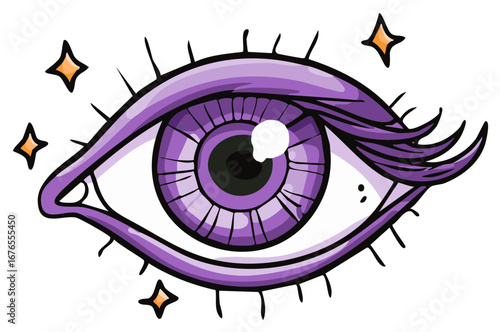 Magical Purple Eye Wide Open with Sparkles and Detailed Eyelashes Mystical Art