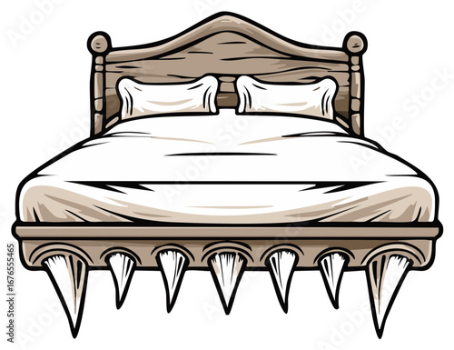 Vector Illustration Bed with Pillows and Teeth Decor Halloween Fantasy Home Decor Bedroom Interior