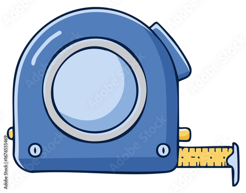 Cartoon illustration of a blue and yellow measuring tape tool.