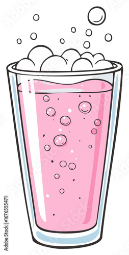 Vibrant Pink Fizzy Drink Glass Outline Cartoon Illustration with Bubbles and Foam Refreshing Beverage