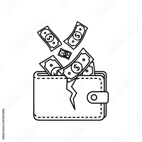 Wallet Loss: Illustration showcasing the concept of financial loss. A damaged wallet, with cash bills falling out, perfectly captures the essence of economic strain.