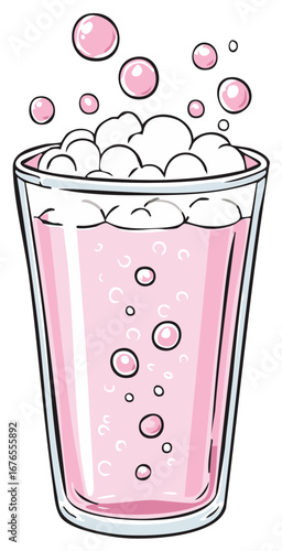 Whimsical pink bubbly drink illustration with cheerful floating bubbles and foam