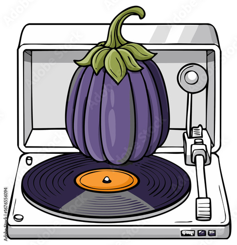 Stylized Illustration of an Eggplant on a Record Player, Cartoony and Whimsical