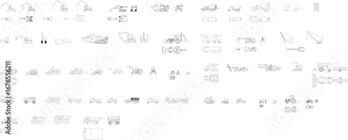 A detailed vector collection of various construction and mining equipment, shown in a black-and-white illustration suitable for architectural, engineering, and industrial design projects.