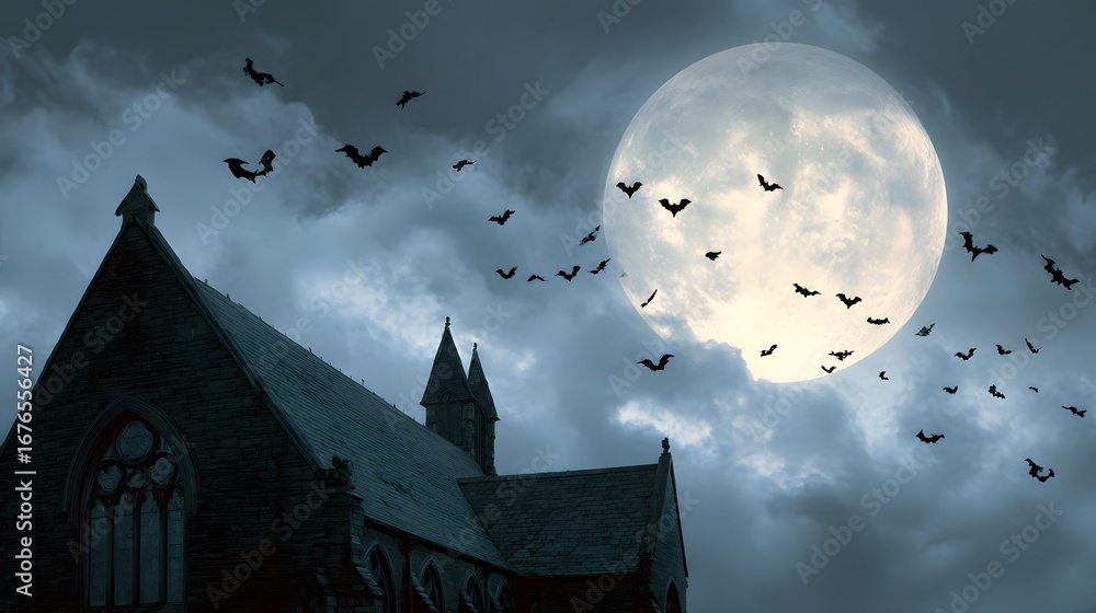 Fototapeta premium A gothic church stands silhouetted against a night sky filled with bats and a full moon, evoking a mysterious and eerie mood.