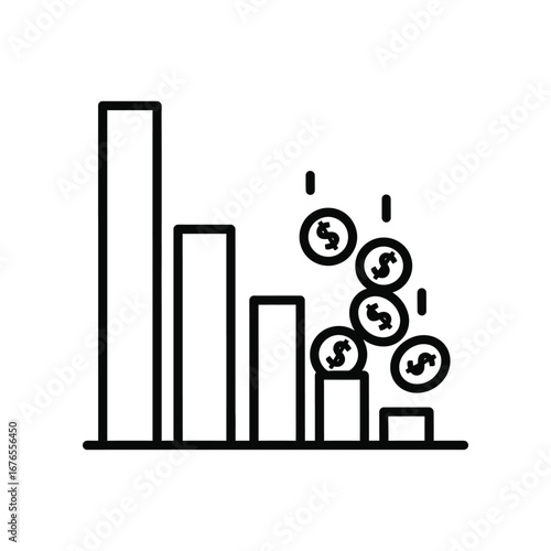 Financial Decline: A symbolic black and white depiction of financial decline, where descending bars represent diminishing success and cascading coin falling indicates economic challenges.