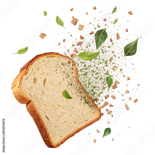 Freshly baked bread slices with basil leaves and crumb explosion for vibrant culinary presentation and creative food concepts
