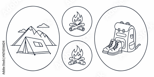 Camping and hiking icons featuring a tent mountains campfire and backpack with hiking boots