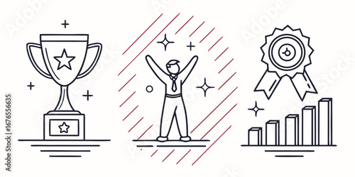Celebrating success and achievement with a trophy a victorious person and a growing bar chart