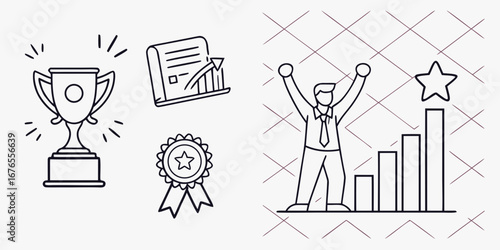 Celebration of success with trophy award ribbon growth chart and victorious businessman icon
