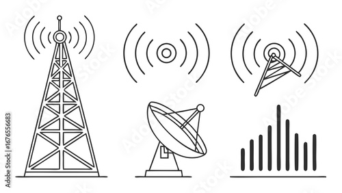 Collection of communication tower satellite dish and signal wave icons representing wireless technology and broadcasting