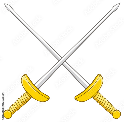 Two crossed swords with golden hilts and silver blades on a white background