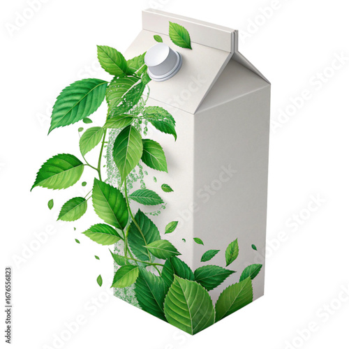 Fresh and natural milk carton with vibrant green leaves, ideal for organic dairy or plant based product branding, eco friendly packaging