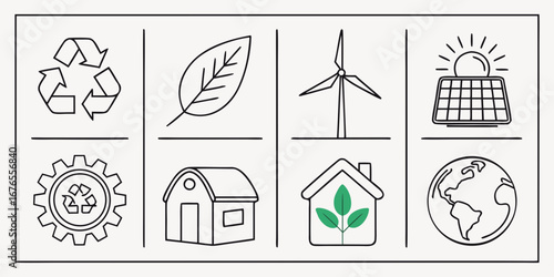 Collection of hand drawn icons representing renewable energy sustainability and environmental protection concepts