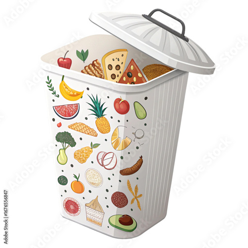 Stop food waste concept with garbage bin overflowing with spoiled food, promoting conscious consumption and sustainability efforts