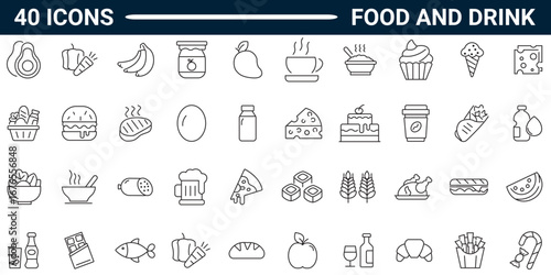 Food and drink line icon set. Includes meal, beverage, fruits, fast food, utensils, cooking. Editable stroke. Vector illustration