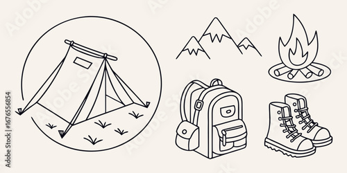 Collection of hand drawn outline camping icons including a tent mountains campfire backpack and hiking boots