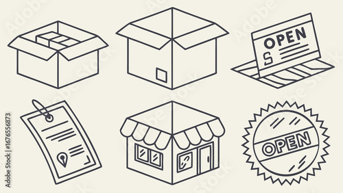 Collection of isometric line art icons representing business and retail concepts including open signs and delivery boxes