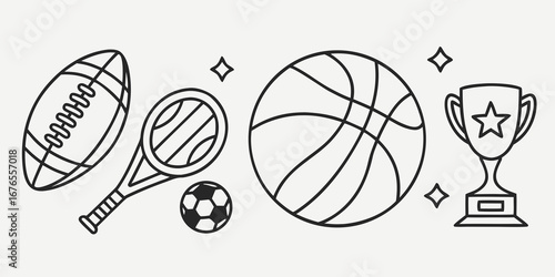 Collection of popular sports balls tennis racket trophy and stars in a simple outline style