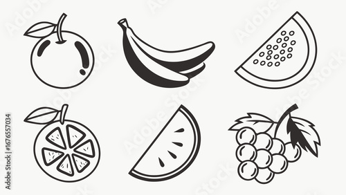 Collection of simple black and white line art icons featuring various fruits including bananas grapes orange and watermelon slices