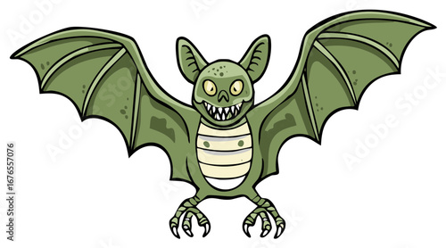 Spooky green monster bat with sharp teeth and wide wings flying forward