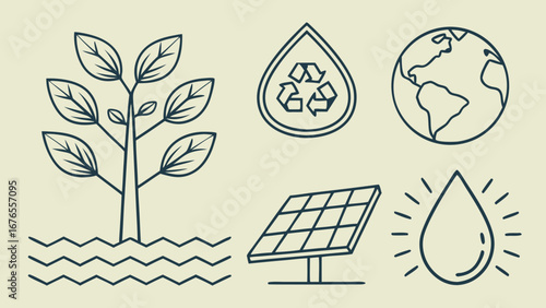 Collection of simple line art icons representing environmental sustainability and renewable energy sources on a light background