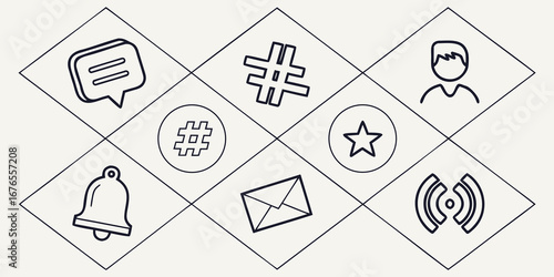 Collection of social media and communication icons including hashtags chat bubbles user profiles stars bells and envelopes