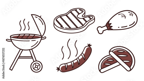 Collection of stylized barbecue food items including a grill steak chicken leg sausage and burger patties