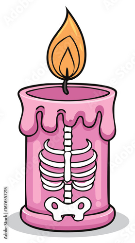 Vibrant pink cartoon candle brightly burning with a whimsical white skeleton rib cage and pelvis design