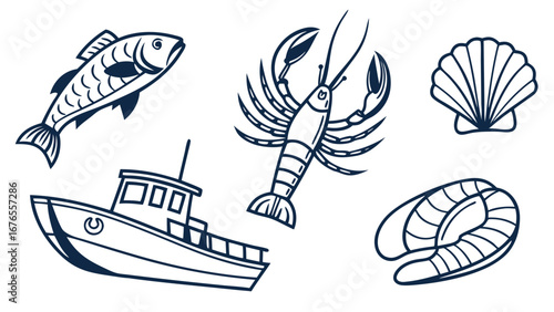 Collection of stylized seafood icons including a fish lobster scallop salmon steak and fishing boat