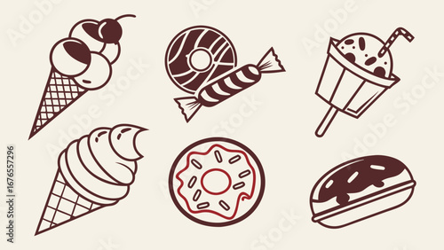 Collection of stylized sweet treats including ice cream cones donuts candy and a frozen dessert on a neutral background