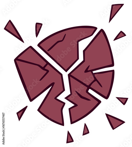 Stylized cartoon illustration of a cracking and shattering red rock exploding with force
