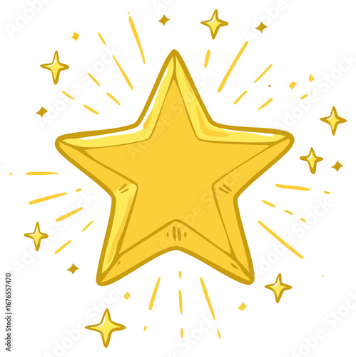 Sparkling Golden Star Illustration with Rays of Light and Smaller Stars