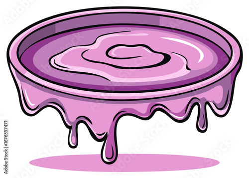 Cartoon illustration of a bowl with thick purple goo overflowing and dripping