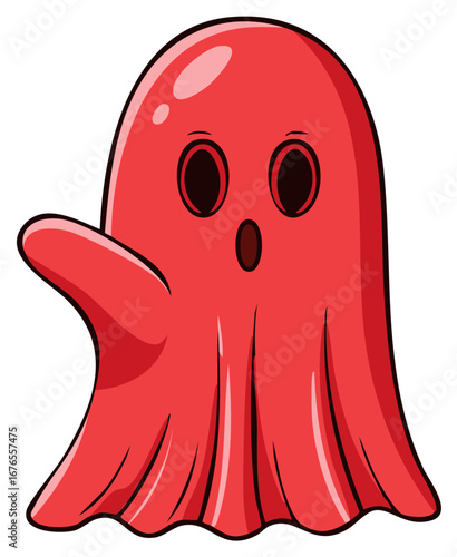 Cartoon Red Ghost with Wide Eyes and Open Mouth, Waving Arm, Halloween Celebration